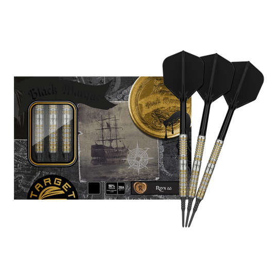 Das Bild zeigt das Produkt "Target Japan Black Marque Reyn GEN2 Softdarts - 17,5g" mit drei eleganten, schwarz-goldenen Softdarts vor der Verpackung. Auf der Verpackung ist zudem ein Schiff sowie eine goldene Münze abgebildet.