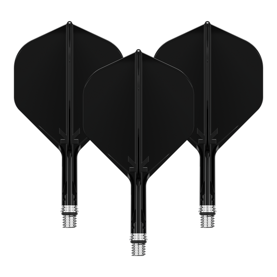 Target K-Shift No2 Standardní letky - Černé Auf dem Bild ist ein Set aus Dart Flights in Schwarz mit der Bezeichnung '410546 Target KShift No2 Standard Flights Schwarz 19mm' zu sehen. Die Flights sind für Dartpfeile geeignet.