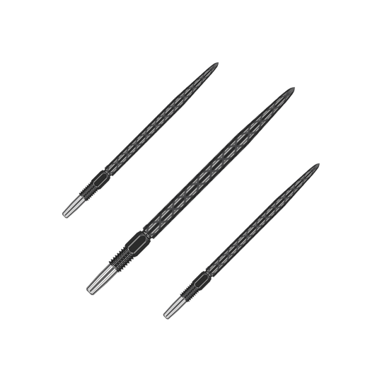 Zaměřte hroty šipek Swiss Diamond Pro Black Points Das Bild zeigt drei schwarze Dartspitzen mit einem diamantförmigen Muster. Sie sind in unterschiedlichen Winkeln angeordnet und haben einen metallischen Befestigungsbereich.