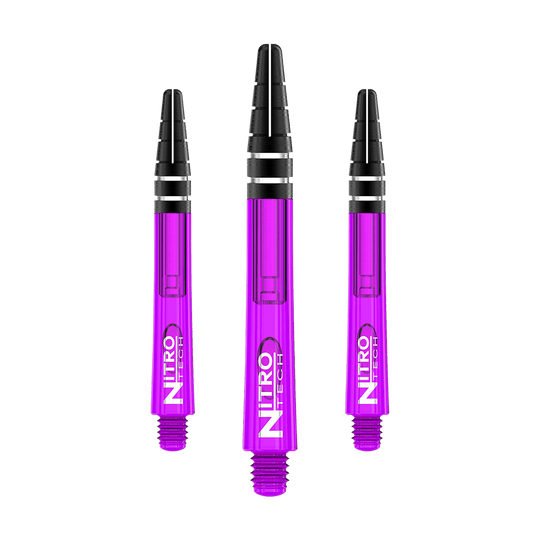C612_Red_Dragon_Nitrotech_Shafts_Purple_42mm_1r0RcdpMkZakvA Das Bild zeigt drei lila Dartschäfte der Marke RedDragon Nitrotech. Die Schäfte haben schwarze Enden und den weißen Aufdruck "Nitrotech".