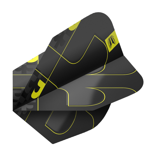 Lety Target ProUltra Bolide Void č. 6 Das Bild zeigt die Target ProUltra Bolide Void No6 Flights in einem modernen Design. Die Flights sind schwarz mit gelben Linien und grafischen Elementen gestaltet.