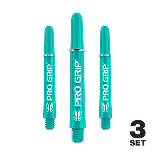 Target Pro Grip Shafts - 3 sady - Aqua Das Bild zeigt drei türkisfarbene PRO GRIP Shafts für Dartpfeile. Unten rechts steht "3 SET" in schwarzer Schrift.