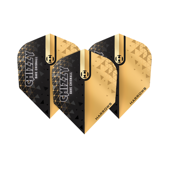 Harrows Prime Dave Chisnall Chizzy 2 Lety č. 6 Das Bild zeigt die Harrows Prime Dave Chisnall Chizzy 2 No6 Flights. Die Flights sind in Schwarz und Gold gestaltet und tragen die Aufschrift "CHIZZY DAVE CHISNALL" sowie "HARROWS".