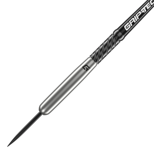 Šipky GOAT Homerun Baseball Tungsten Steel Das Bild zeigt den GOAT Homerun Baseball Tungsten Steeldart. Der Dartpfeil hat ein schlankes, silbernes Design mit schwarzem Griffbereich und der Aufschrift "GRIPTEC".