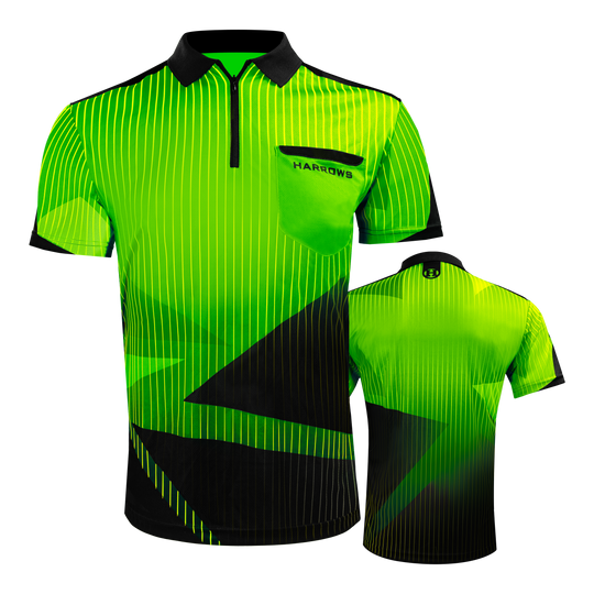 Harrows Shard Dartshirt - Grün Das Harrows Shard Dartshirt wird frontal gezeigt. Es hängt an einem neutralen Hintergrund.