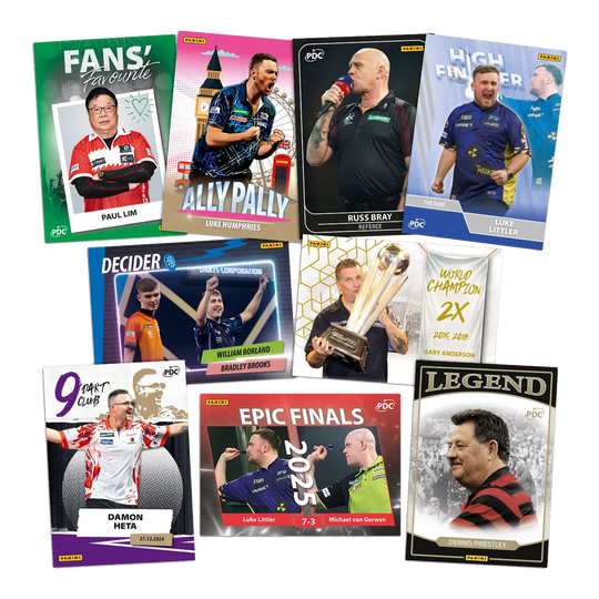 Sběratelské karty Panini PDC World Championship 2026 - sběratelská krabička Das Bild zeigt die Panini PDC World Championship 2026 Trading Cards - Collectors Box. Es handelt sich um Sammelkarten zur Dart-Weltmeisterschaft.