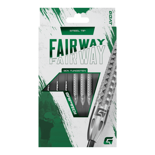 Šipky GOAT Fairway V2 z wolframové oceli Die Abbildung zeigt die Verpackung der GOAT Fairway V2 Tungsten Steeldarts. Die Darts bestehen zu 90 % aus Tungsten und haben eine Stahspitze.