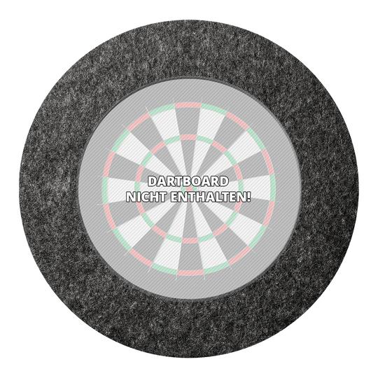 Das Bild zeigt das Produkt "Karella Ultimo Steeldartboard Surround" in grauer Farbe. In der Mitte steht der Hinweis "Dartboard nicht enthalten!"