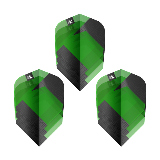 Das Bild zeigt drei grüne und schwarze Dart-Flights des Produkts "Target Pro Ultra TAG Grün Ten-X Standard". Die Flights haben ein auffälliges geometrisches Muster und das Target-Logo oben.