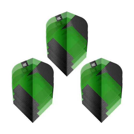 Target Pro Ultra TAG Green Ten-X Standardní letky - 3 sady Das Bild zeigt drei grüne und schwarze Dart-Flights des Produkts "Target Pro Ultra TAG Grün Ten-X Standard". Die Flights haben ein auffälliges geometrisches Muster und das Target-Logo oben.