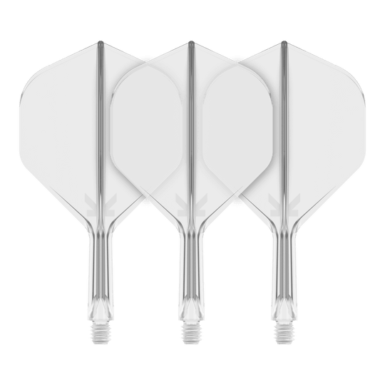 Standardní letový systém Target K-Flex No2 - čirý Auf dem Bild sind drei transparente Dart-Flights mit Standardform zu sehen. Sie sind nebeneinander angeordnet und haben klare, glatte Kanten.
