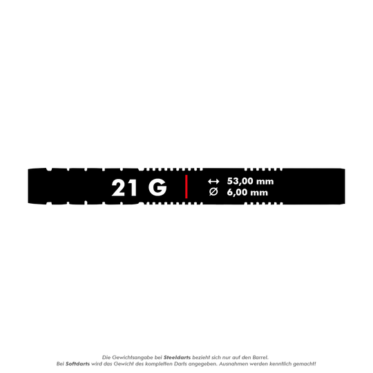 Šipky Shot Pro-Series Stowe Buntz 2 měkké - 21g Dieses Bild zeigt die technischen Daten der Shot Pro-Series Stowe Buntz 2 Softdarts mit einem Gewicht von 21 Gramm. Die Darts haben eine Länge von 53,00 mm und einen Durchmesser von 6,00 mm.