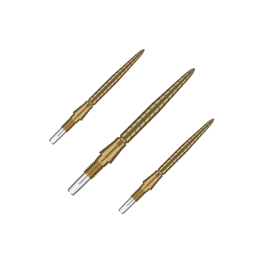 Špičky na šipky Target Swiss Storm Quartz - zlaté Auf dem Bild sind drei goldfarbene Dartspitzen zu sehen. Sie sind schlank, haben ein geriffeltes Design und haben vorne eine silberne Spitze.