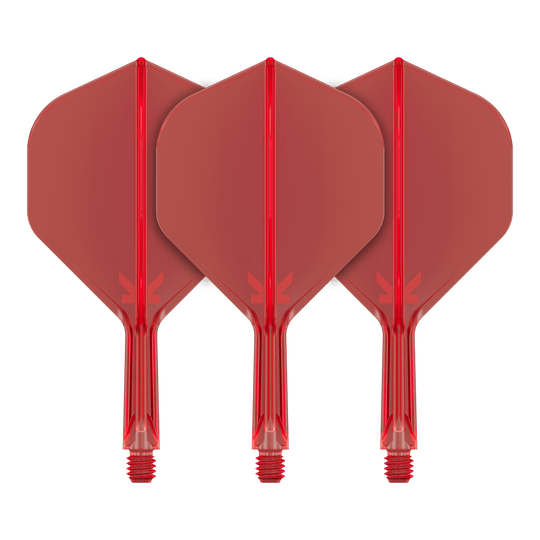 Standardní letový systém Target K-Flex No2 - červený Auf dem Bild sind drei rote Dartflights mit befestigtem Schaft zu sehen. Sie stehen nebeneinander und haben eine standardmäßige Pfeilform.