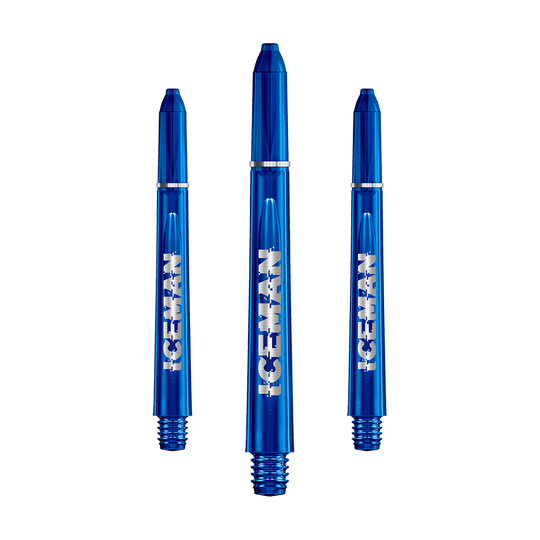 Das Bild zeigt drei blaue Dartschäfte mit der Aufschrift "ICEMAN". Es handelt sich um die Red Dragon VRX Gerwyn Price Shafts.