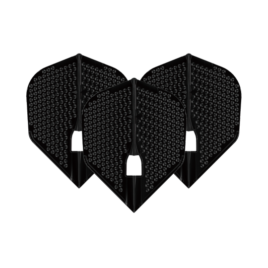 Das Bild zeigt drei schwarze L-Style Flights Dimple Champagne L3PRO Shape. Sie haben eine strukturierte Oberfläche mit kleinen runden Vertiefungen.