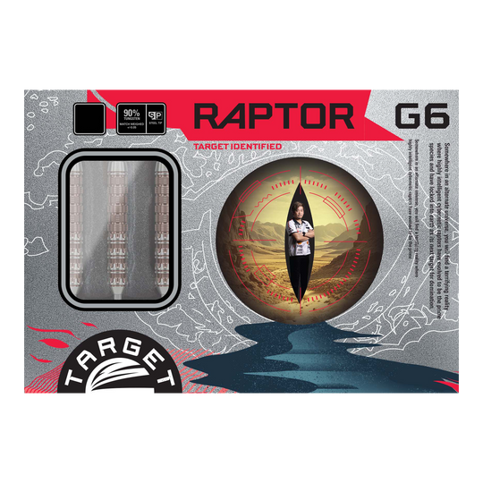 Abgebildet sind die Target Japan Prime Series George Nishitani Raptor GEN6 Swiss Point Steeldarts. Sie bieten ein professionelles Spielerlebnis.