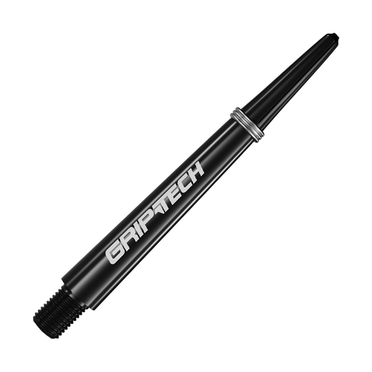 GOAT Griptech shafty - černé Auf dem Bild ist ein schwarzer Dart-Schaft mit der Aufschrift "GRIPTECH" zu sehen. Der Schaft ist schlank und hat silberne Ringe in der Nähe des oberen Endes.