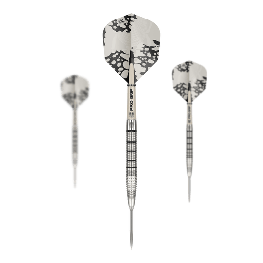 Ocelové šipky Target EXO SP02 Swiss Point Das Bild zeigt drei Target EXO SP02 Swiss Point Steeldarts mit modernen, silbernen Flights. Die Darts haben einen geriffelten Griff und sind mit dem Schriftzug "PRO GRIP" versehen.