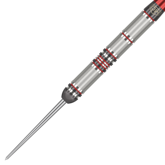 Ocelové šipky DW Piranha Razor 01 Das Bild zeigt einen DW Piranha Razor 01 Steeldart. Der Dartpfeil ist silbern mit roten Akzenten und hat eine feine Griffstruktur.