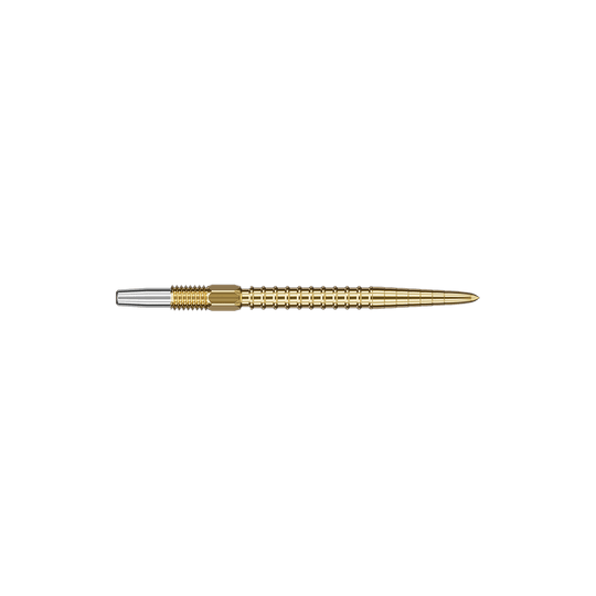 Das Bild zeigt eine goldfarbene Dartspitze mit silbernem Ansatz. Die Spitze ist schmal und hat ein gerilltes Design.