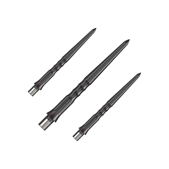 Caliburn System Steeldart Tips - Ripple - NoLip - Black Auf dem Bild sind drei schwarze Stahlspitzen für Dartpfeile zu sehen. Sie haben ein geriffeltes Design und sind 28 mm lang.