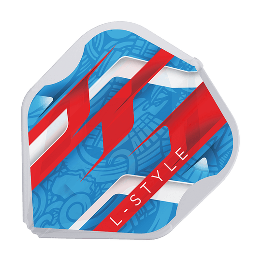 Das Bild zeigt ein Dartflight mit einem auffälligen Design in Blau, Rot und Weiß. Auf dem Flight steht der Schriftzug „L-STYLE“.