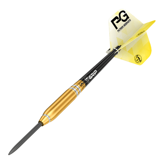 Býci Patrick Geeraets Steeldarts - 23g Das Bild zeigt einen Bulls Patrick Geeraets Steeldart mit einem Gewicht von 23 Gramm. Der Dartpfeil hat einen goldfarbenen Barrel und gelbe Flights.