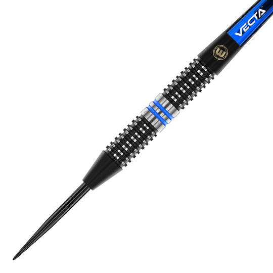 Ocelové šipky Winmau Galactics Das Bild zeigt einen Winmau Galactics Steeldart. Der Dart hat ein schwarzes und silbernes Griffstück mit blauen Ringen.