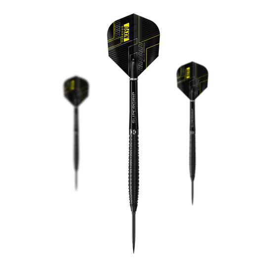 Abgebildet sind die Harrows NX90 Black Edition Tapered Quick Point Steeldarts als Set. Das Bild zeigt die Zusammenstellung der Darts.