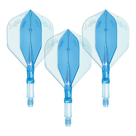 Letky L-Style L-System – Clear Blue Dieses Bild zeigt ein Set von L-Style L-System Flights in klarer blauer Farbe, Größe Small. Es ist ein Zubehörteil für Dartpfeile.
