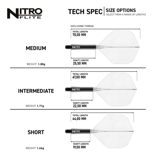 Das Bild zeigt die technischen Spezifikationen und Größenoptionen des Produkts 'Red Dragon Nitroflite - Black Shaft Clear No2 Flights'. Es werden die Längen und Gewichte für die Größen Medium, Intermediate und Short anschaulich dargestellt.