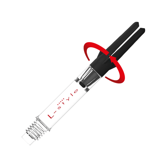 Gezeigt wird das Produkt L-Style L-Shaft Carbon Silent Straight Clear OhneKappen 39mm 2 Symbol. Es dürfte ein Schaft für Dartpfeile sein.