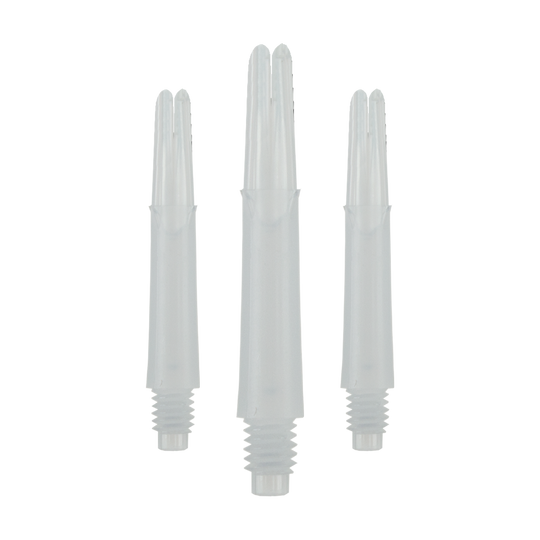 Hier ist ein Set L-Style L-Shaft Locked Straight in Milchweiß ohne Kappen, 32mm, zu sehen. Das Bild zeigt Dartschäfte als Zubehör.