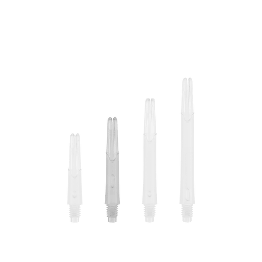 L-L-Style-Shafts Locked Straight - Clear Das Bild zeigt vier transparente, gerade Kunststoffschäfte in unterschiedlichen Längen. Sie sind vermutlich Ersatzteile für Dartpfeile.