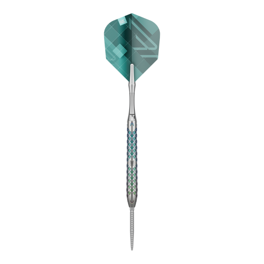 Ocelové šipky Target Rove 03 Swiss Point Das Bild zeigt einen Target Rove 03 Swiss Point Steeldart. Der Dart hat ein silbernes Metallgehäuse mit blauen Akzenten und eine grüne Flight.