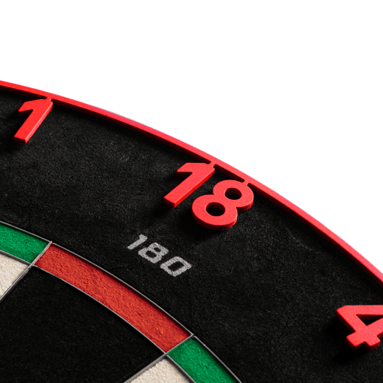 Přesný ocelový terč 180 Endorphine s číselným kroužkem - Inferno červená Dieses Bild zeigt das Precise 180 Endorphine Steeldartboard mit Nummernring in Inferno Red. Das Dartboard eignet sich ideal für anspruchsvolle Dartspieler.