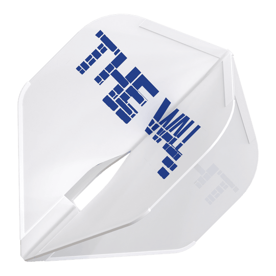 Letky Martin Schindler White L1PRO ve stylu L Das Bild zeigt einen weißen Dartflight mit der Aufschrift "THE WALL" in blauer Farbe. Es handelt sich um das Produkt "L-Style Martin Schindler Weiß L1PRO Flights".