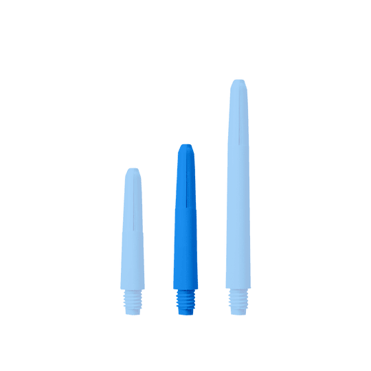 573_Nylon_Shafts_Blau_35mm_1ITMD2oHNp2ZtU Das Bild zeigt drei blaue Nylon-Schäfte in unterschiedlichen Längen. Sie sind nebeneinander auf weißem Hintergrund angeordnet.