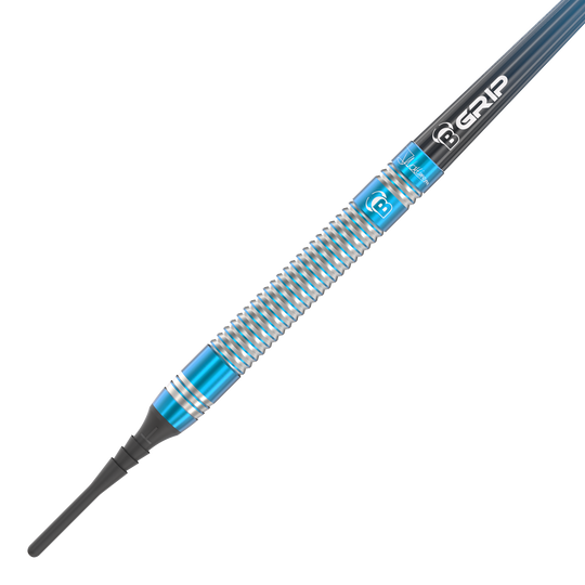 Das Bild zeigt einen Softdart mit silbernen und blauen Rillen. Auf dem Schaft steht „B GRIP“ und der Dart wirkt hochwertig verarbeitet.