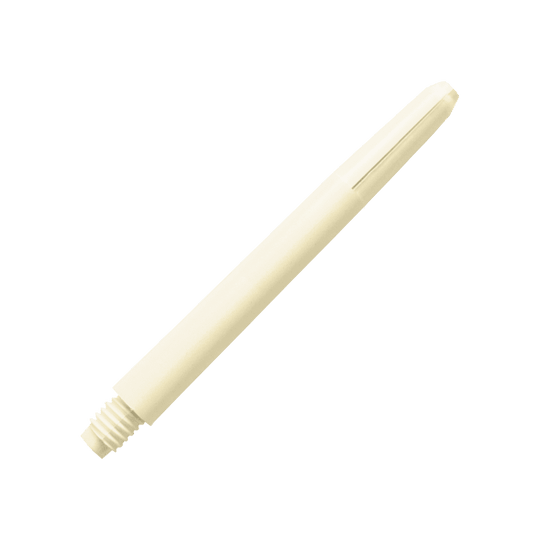 578_Nylon_Shafts_Naturweiss_48mm_2 Das Bild zeigt einen Nylon-Schaft in naturweißer Farbe. Der Schaft hat ein einfaches, schlankes Design mit einem Gewinde am unteren Ende.