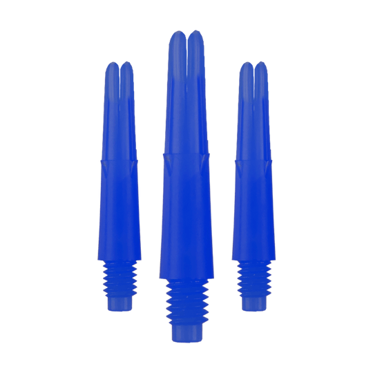 L-tvarované L-hřídele, rovné, zajištěné - modré Auf dem Bild sind drei blaue, gerade Dartschäfte zu sehen. Sie haben ein Gewinde am unteren Ende und sind ohne Kappen abgebildet.