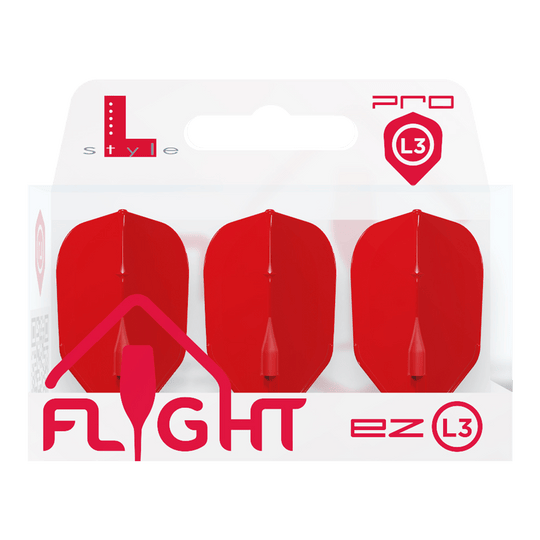 Lety L-L-Style3EZ Die Abbildung zeigt eine Packung mit drei roten Dart-Flights der Marke L-Style. Auf der Verpackung steht „FLIGHT ez L3“ und das Produkt ist für den Profibereich gekennzeichnet.