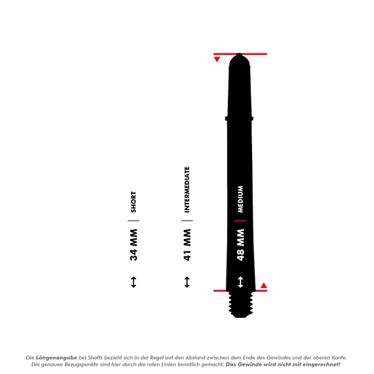 Násadky Target Pro Grip Vision - 3 sady - modré Das Bild zeigt drei Längenoptionen für einen Dart-Schaft: 34 mm (Short), 41 mm (Intermediate) und 48 mm (Medium). Die Längen werden durch schwarze Silhouetten mit roten Markierungen und klaren Beschriftungen dargestellt.