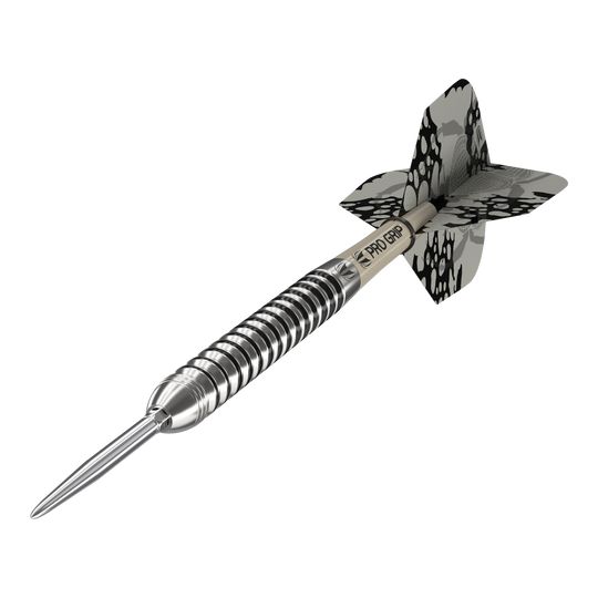 Ocelové šipky Target EXO SP01 Swiss Point Dies ist ein Target EXO SP01 Swiss Point Steeldart. Der Dartpfeil hat ein silbernes, gerilltes Barrel und schwarze Flights mit Muster.