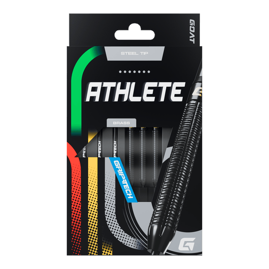 Ocelové šipky GOAT Athlete Black Brass - 13g Die Abbildung zeigt die Verpackung der GOAT Athlete Black Brass Steeldarts mit einem Gewicht von 13g. Die Darts haben eine schwarze, geriffelte Oberfläche und sind für Präzision und Haltbarkeit ausgelegt.