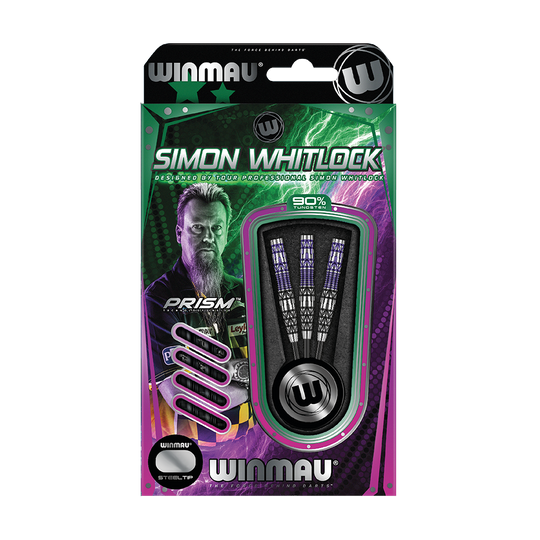 Ocelové šipky Winmau Simon Whitlock Special Edition 2020 Die Abbildung zeigt das Produkt „Winmau Simon Whitlock Special Edition 2020 Steeldarts“ in der Originalverpackung. Auf der Verpackung sind drei Steeldarts und ein Bild von Simon Whitlock zu sehen.