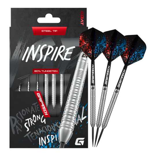 Hier sieht man die GOAT Inspire Steeldarts. Die Steeldarts sind robust und eignen sich für Wettkämpfe.