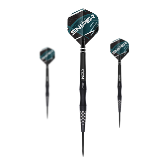 Dies ist das Produkt Red Dragon Connor Scutt The Sniper Steeldarts - 22g. Das Bild zeigt einen Satz Steeldarts mit diesem Markennamen.