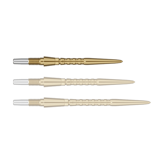 Ocelové hroty na šipky Target Swiss Point Storm Surge - zlaté Auf dem Bild sind drei goldfarbene Dartspitzen zu sehen. Sie liegen nebeneinander auf grünem Hintergrund.